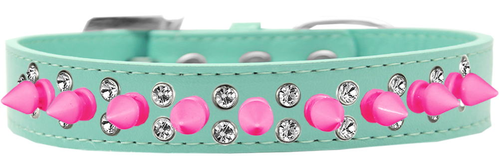 Double Crystal and Bright Pink Spikes Dog Collar Aqua Size 14